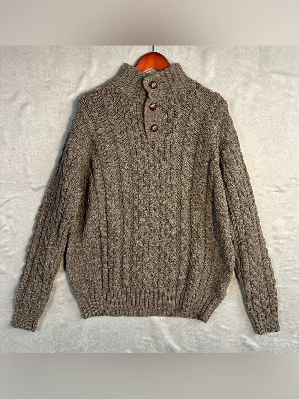 LL Bean Irish Fisherman Sweater Mens XL Gray Wool Cable Knit Ireland 264682